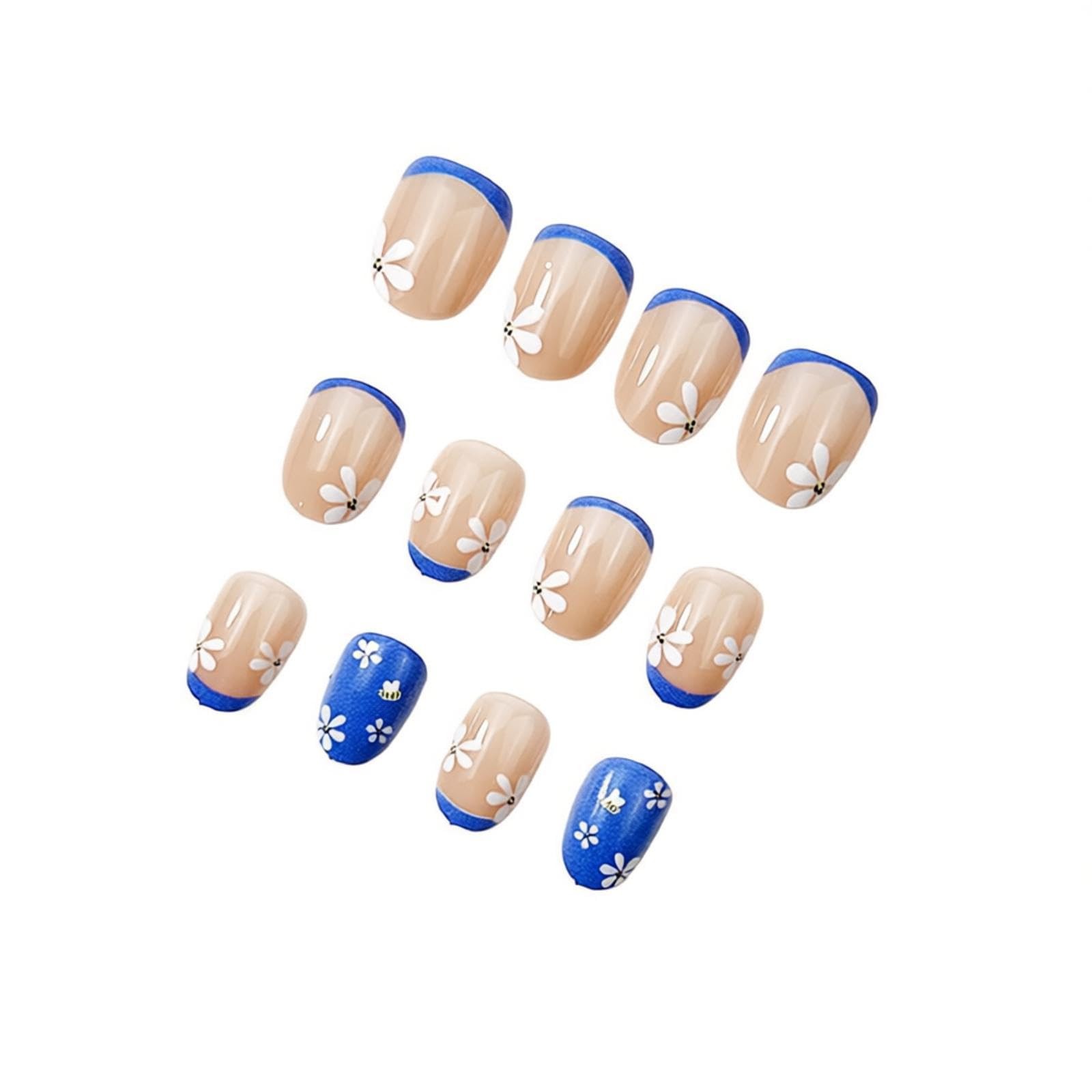 Short Oval Press on Nails – Blue French Tip Fake Acrylic Nail Round, Daisy Fl…