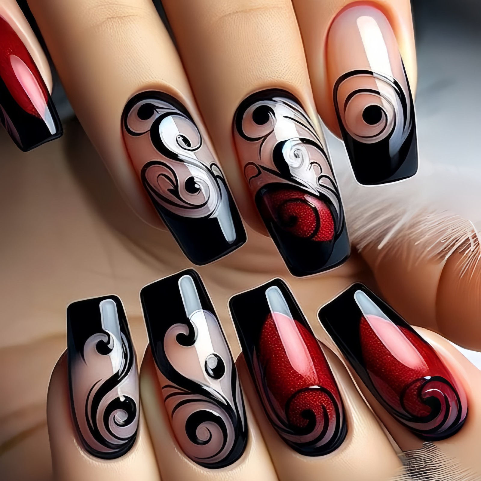 96PCS Rose Butterfly Press on Nails Red Black Elegant False Nail Tips 4 PACK