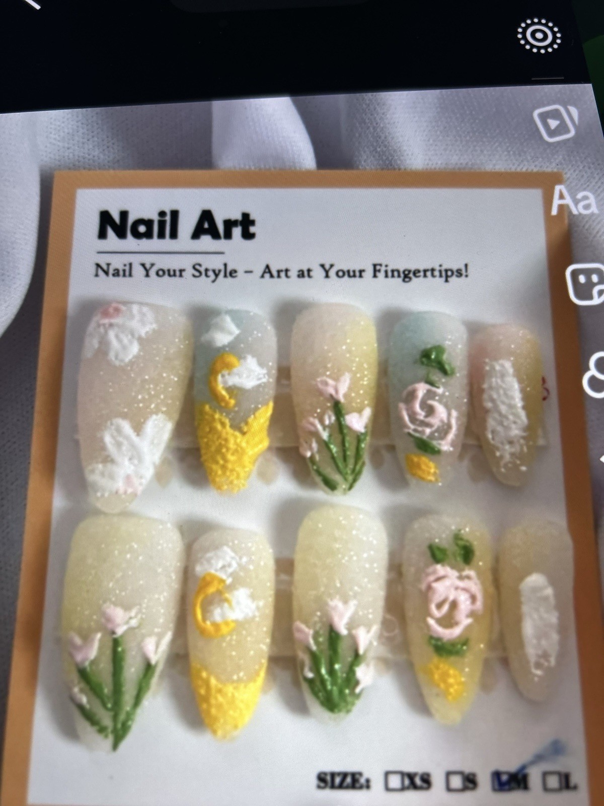 SugarGlitter 3D White Yellow Pink Green Floral Press-On Nails Coffin Medium Full