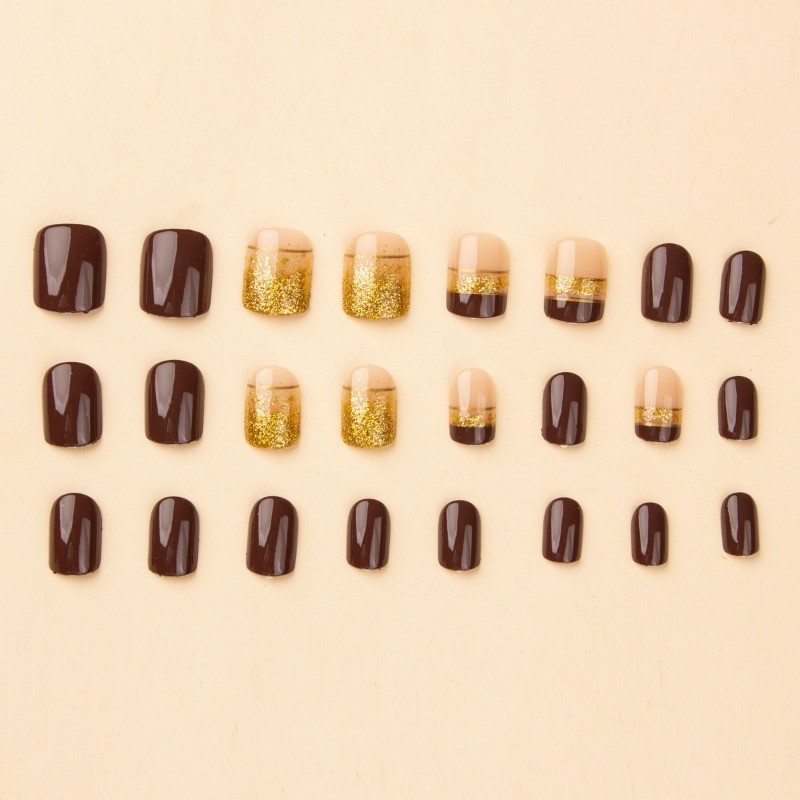 48Pcs-Chocolate Brown Gold Line Press on Nails Glossy Short Square Nail Art Set