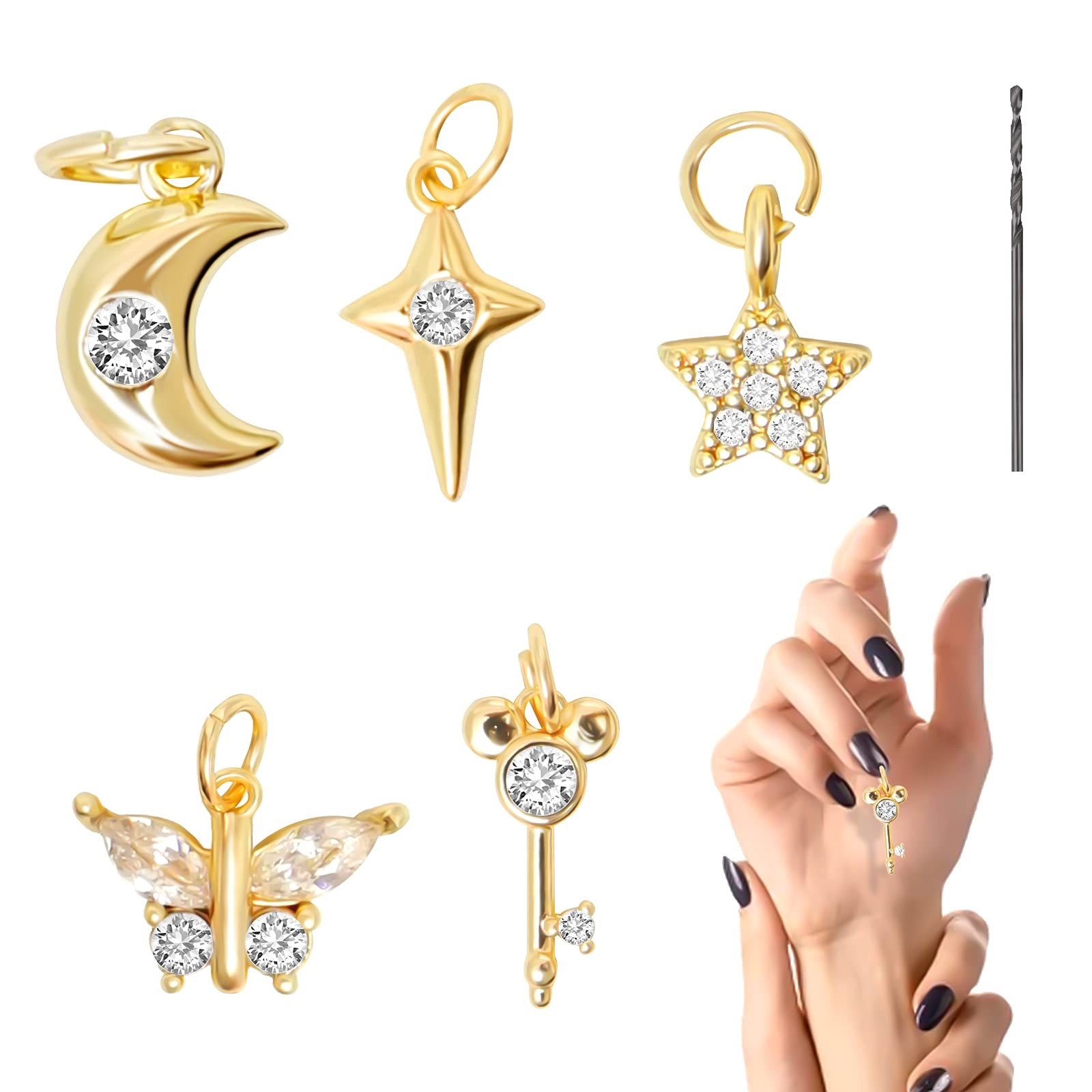 14K Gold Plated Nail Piercing Pendants and a Manual Drill, 5 pcs Metal 3d Nai…