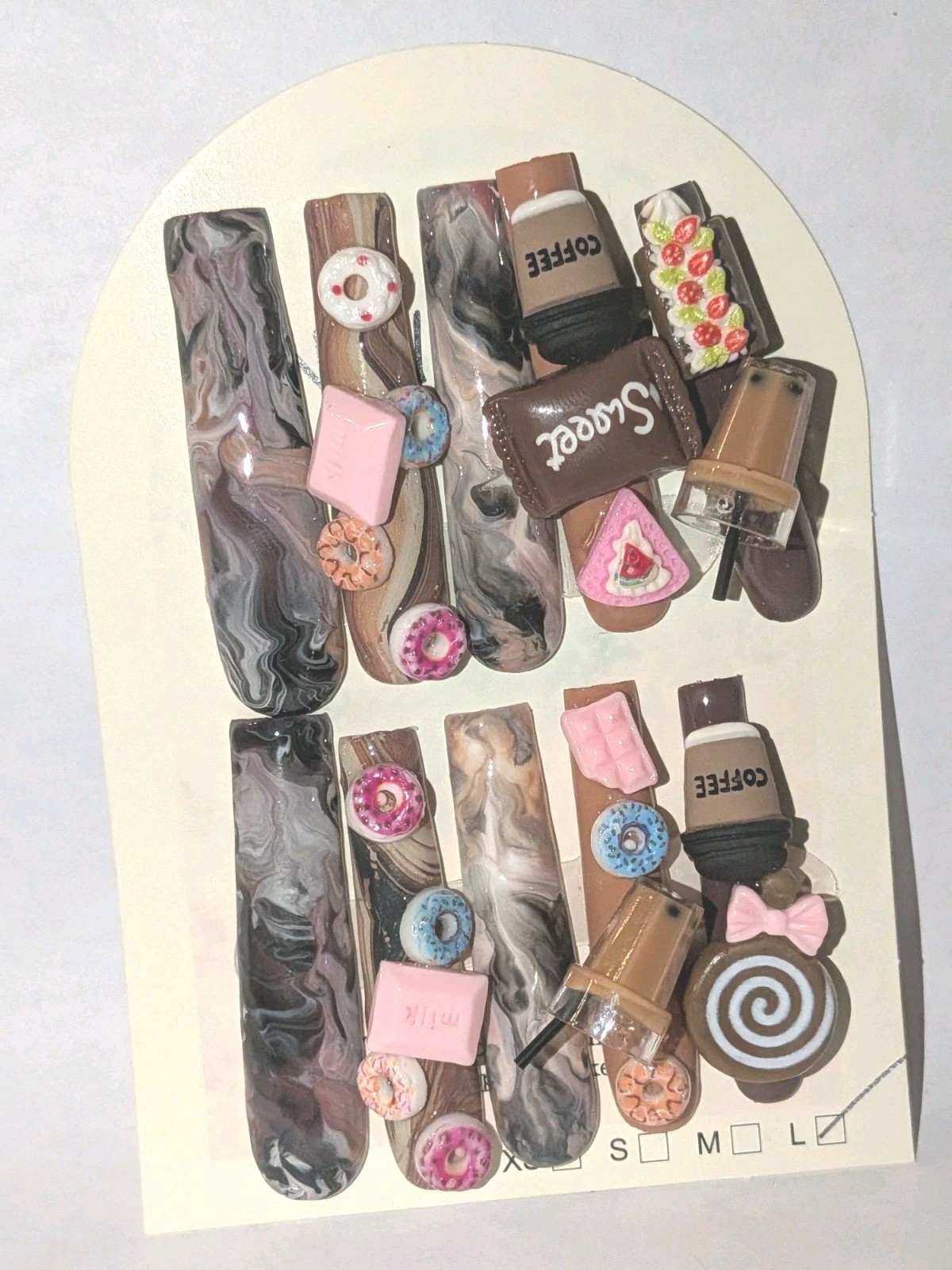 Hand Crafted 3Xl Java Marble Brown & Pink 3D Dessert Press-On Nails Sz Large