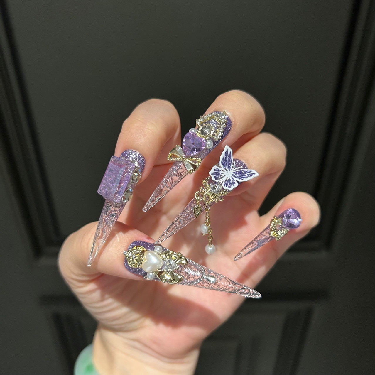 Handmade Purple Crystal Butterfly 3D Cat Eye Glitter Press On Nails