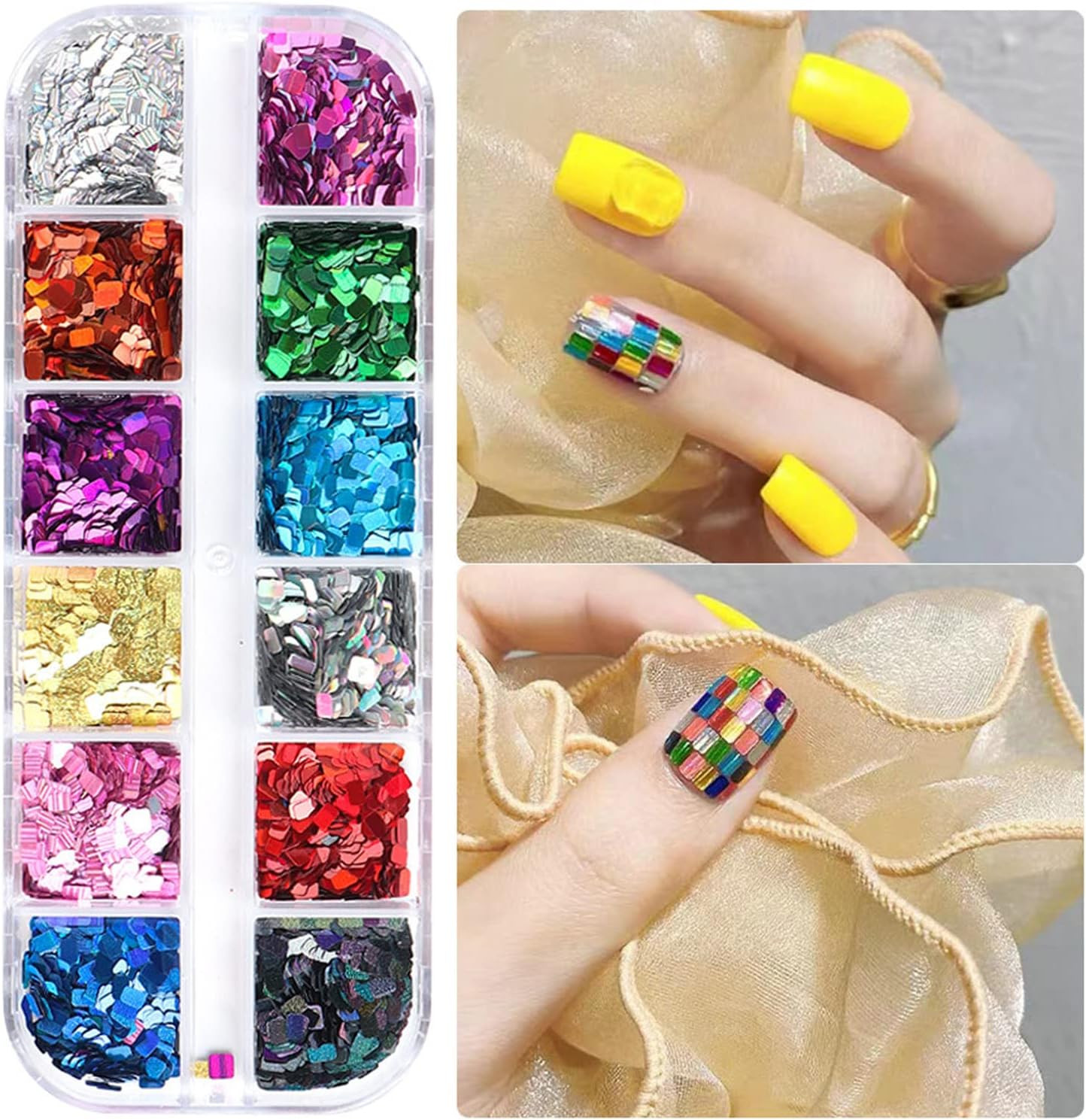 Holographic Nail Glitter Flakes, 12 Colors Rectangle Sparkly Nail Square