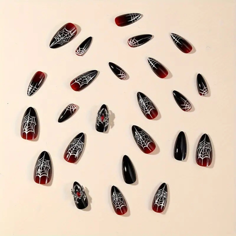 24pcs (1Pack) Halloween Press On Nails Black Red Spider Web Gothic Nail Art Set