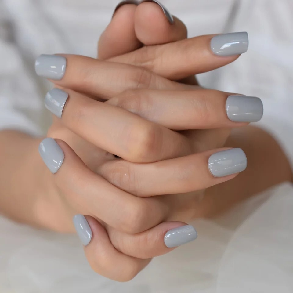 24 Gray Short Press On Nails Glue Kit grey glossy gel light pale shiny nice diy
