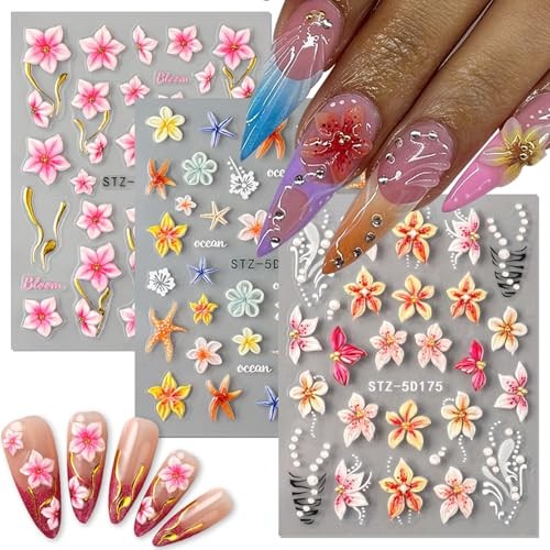 Flower Nail Stickers 3D Self-Adhesive Embossed Pink Floral Nail Colorful Flower