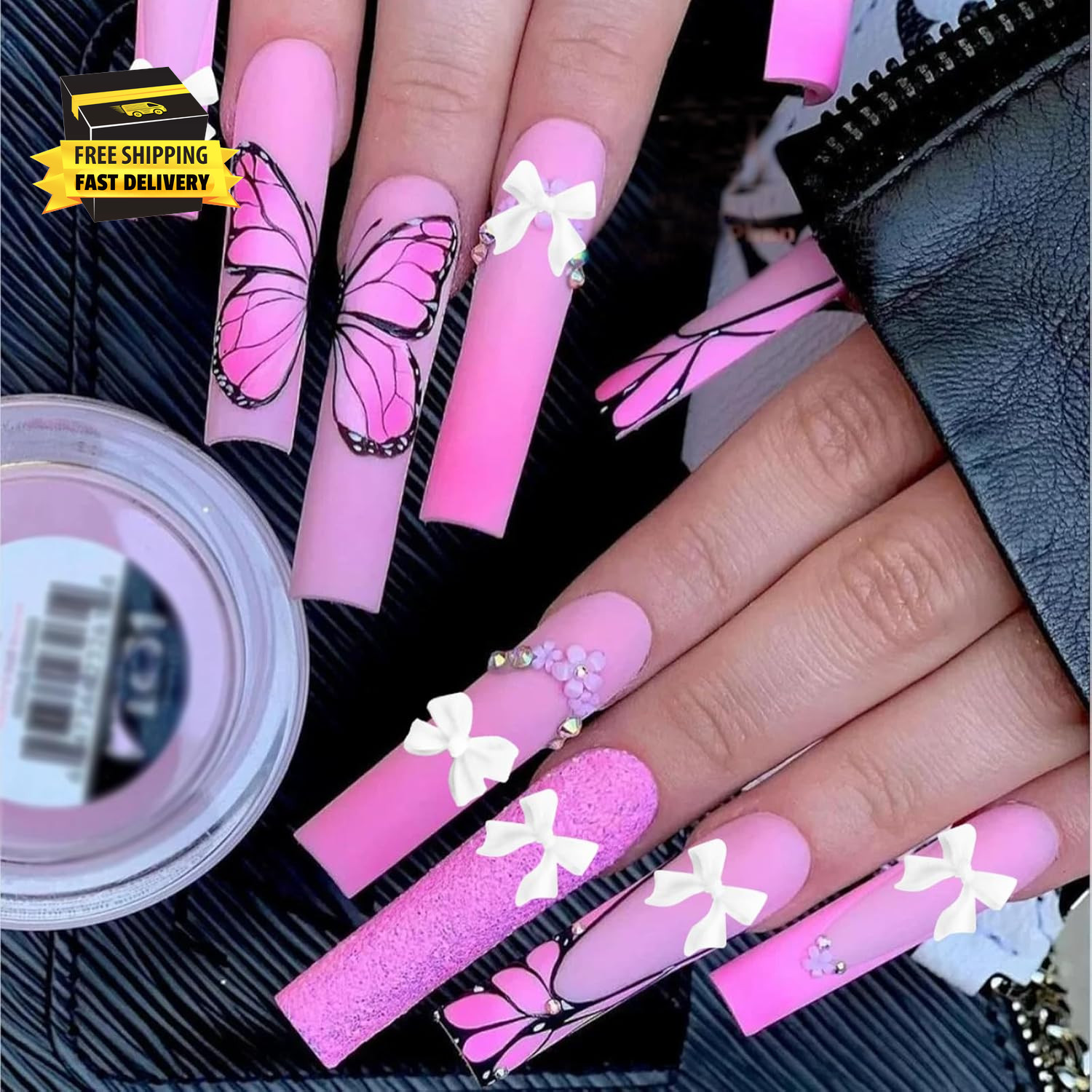 300Pcs 3D Bow Nail Charms and Flatback Pearls Set,Black White Pink Bowknot,Bow-K