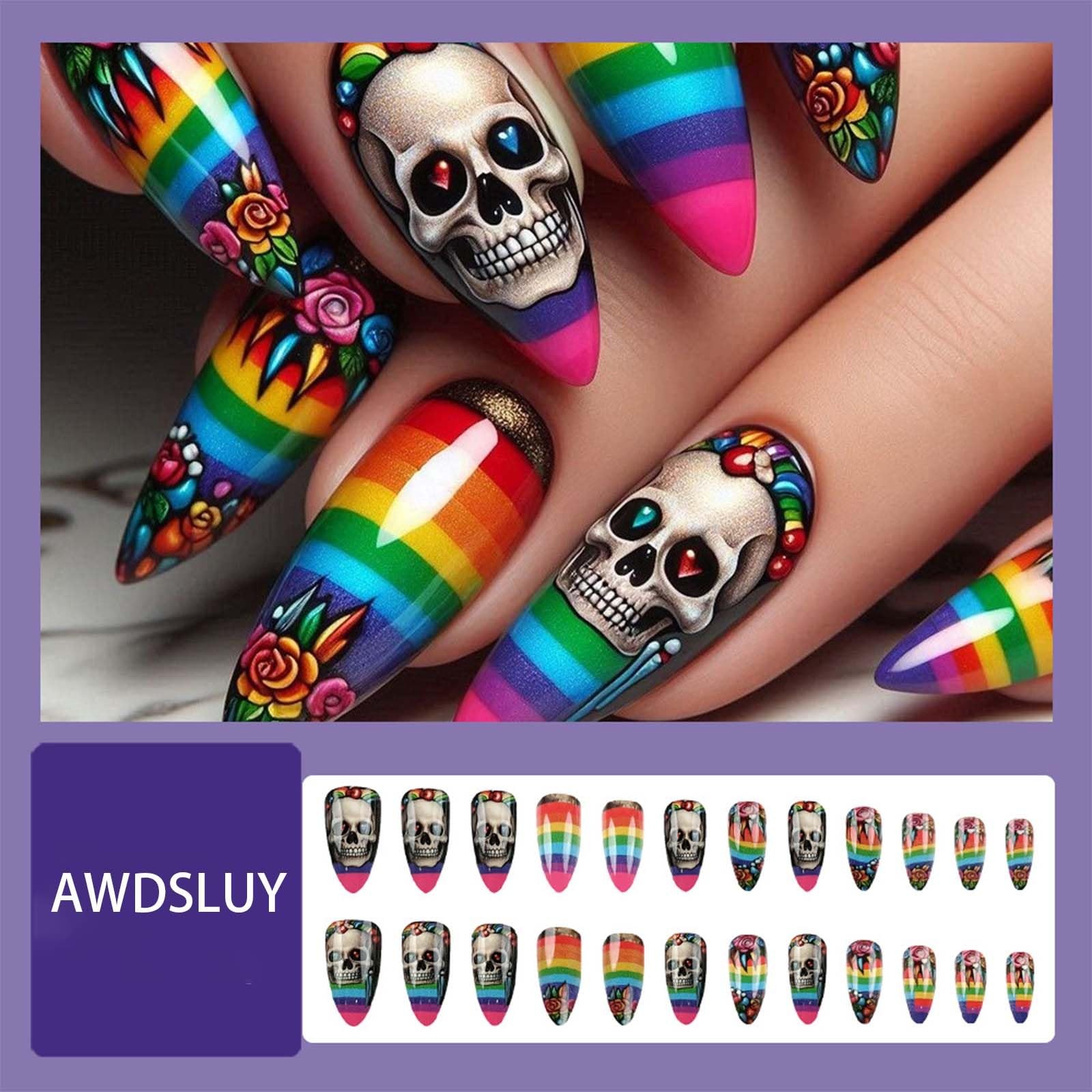 24Pcs Halloween Press on Nails Medium Almond Fake Nails Colorful Rainbow Skul…