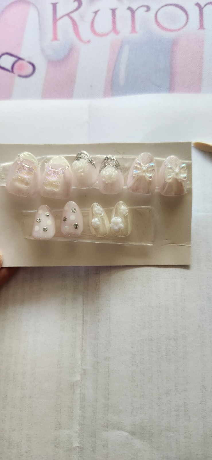 Hand Painted “Coquette” Extra Short Almond Length Press On Nails (size M)