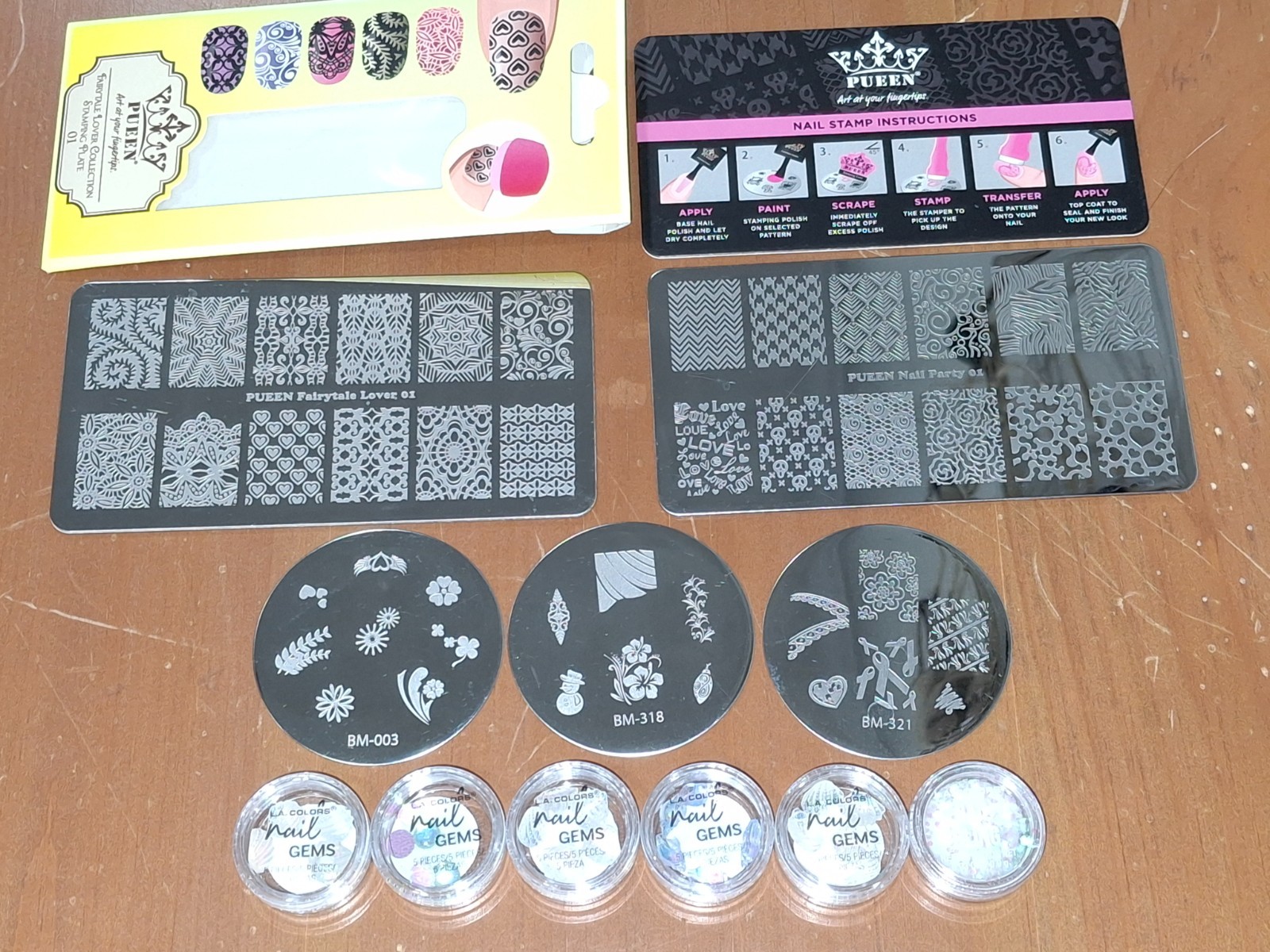 LOT 5 Stamping Plates ~ 2 PUEEN + 3 BUNDLE MONSTER + 25 NAIL GEMS + Nail Bling