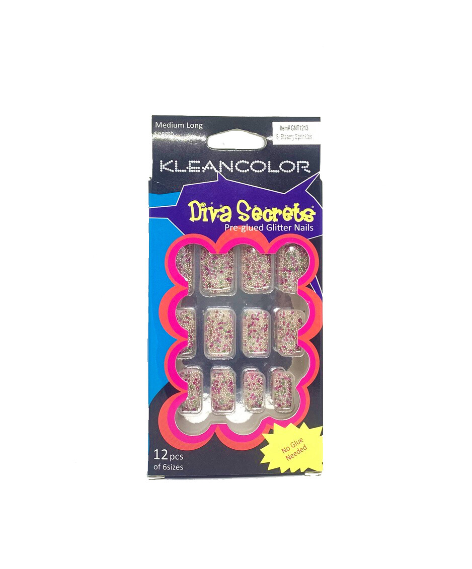 KleanColor Pre-Glued Silver Metallic Med. & Steamy Sprinkles Med-Long Nails 2-PK