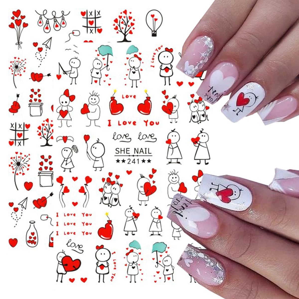 8Sheets Valentine’s Day Nail Art Stickers 3D -Adhesive Nail Decals Valentines…