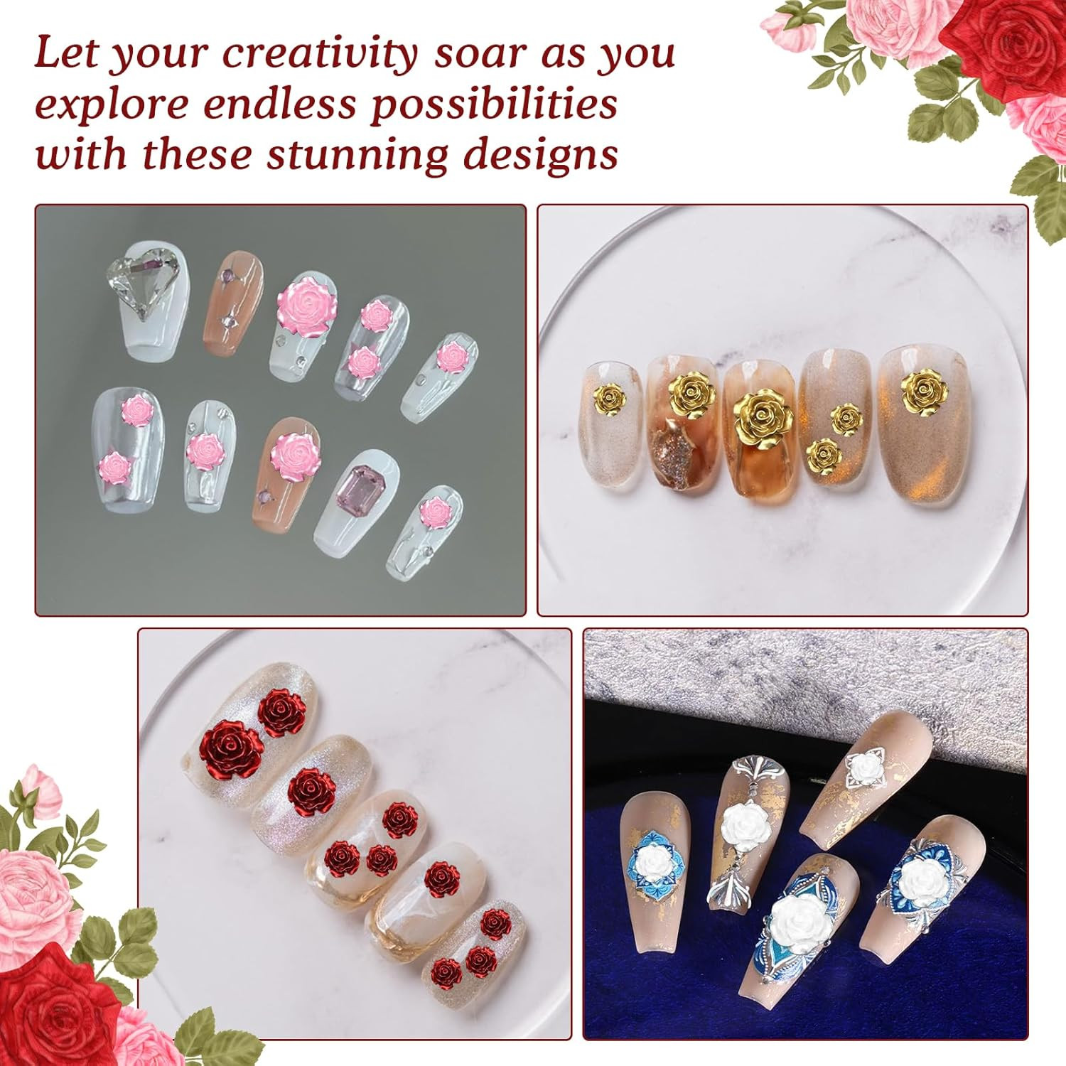 3D Flower Nail Molds for Nail Art – Rose Camellia Silicone Nails Charm Molds for