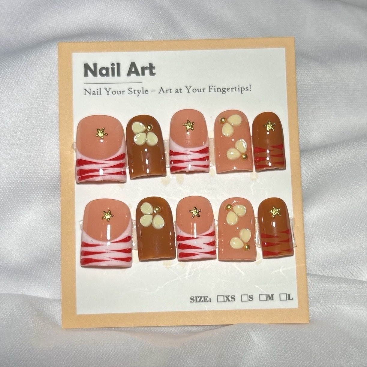 Shiny Pink Brown Red White Gold Star Press-On Nails Square Pre-Designed