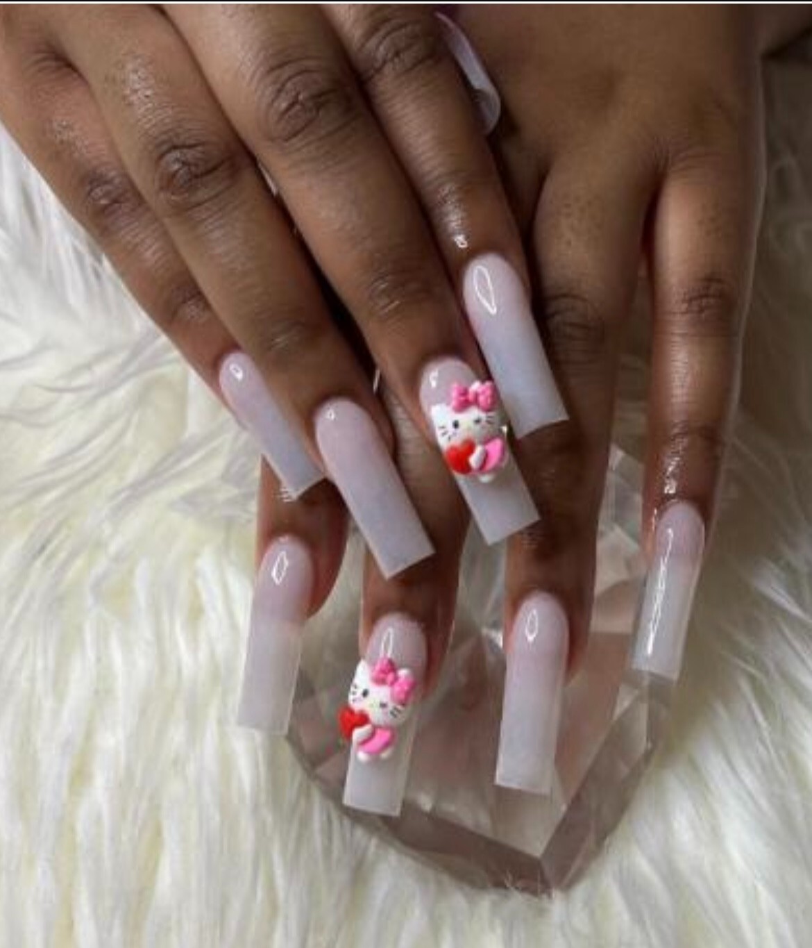 Handmade Hello Kitty Milky White Square Hard Gel Press On Nails
