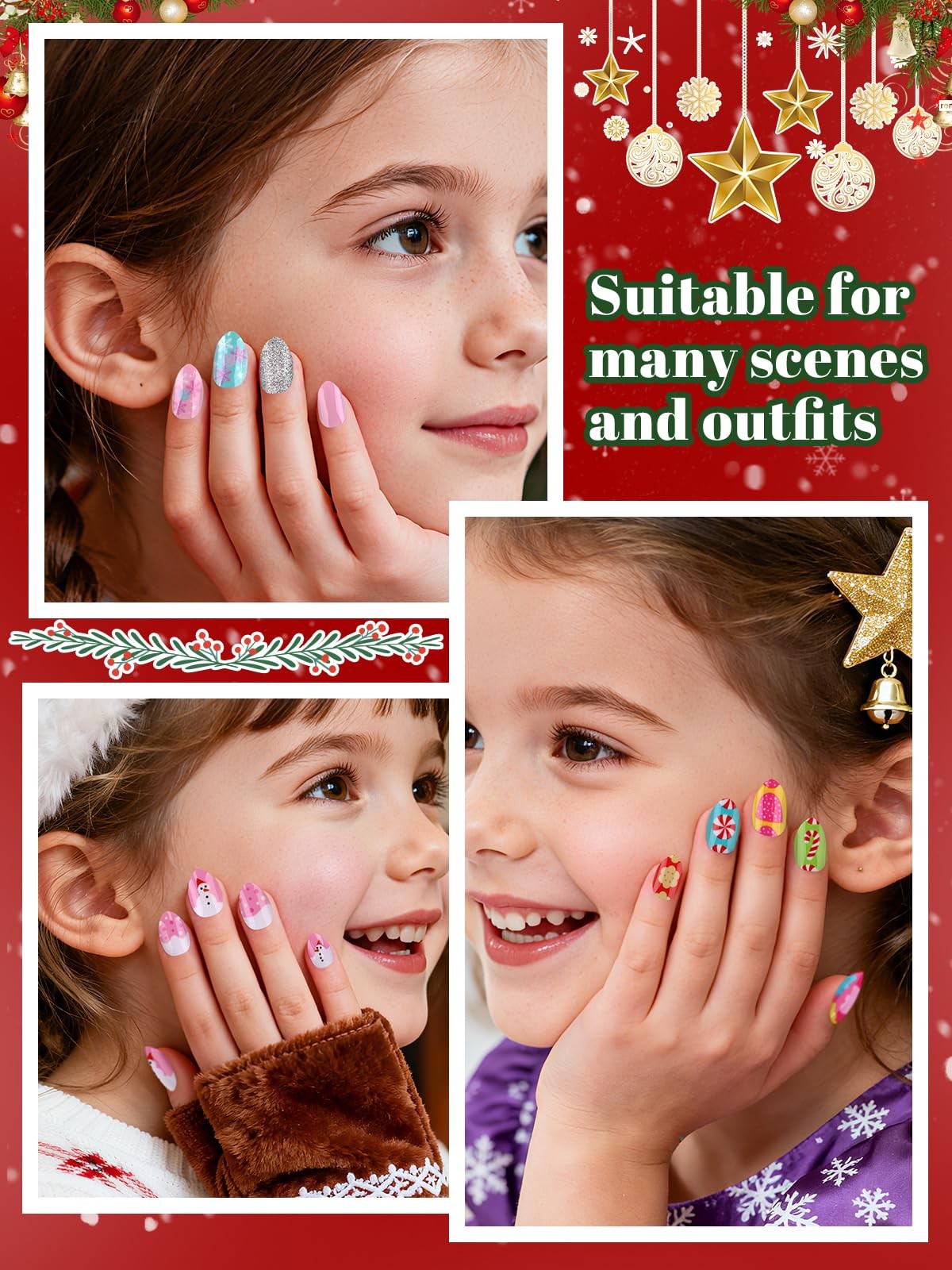 72 Pieces Christmas Press on Nails for Kids, EBANKU 3 Pack Kid Fake Nail | Ki…