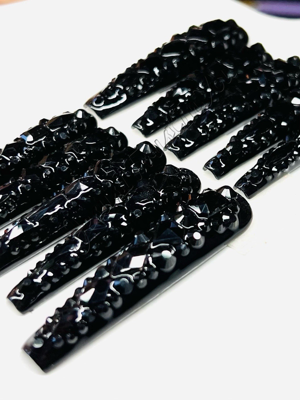 CLEARANCE BLACK JEWELS – CUSTOM XXXL LONG BALLERINA GEL PRESS ON NAILS ❤️❤️