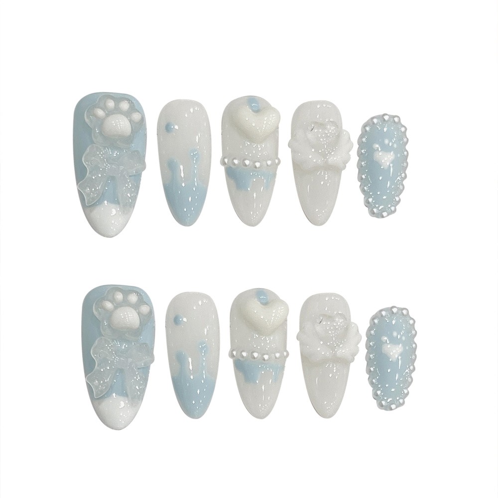 Adorable Press-On Nails Removable with 3D Cat Paw Bow and Heart Nail Art Design