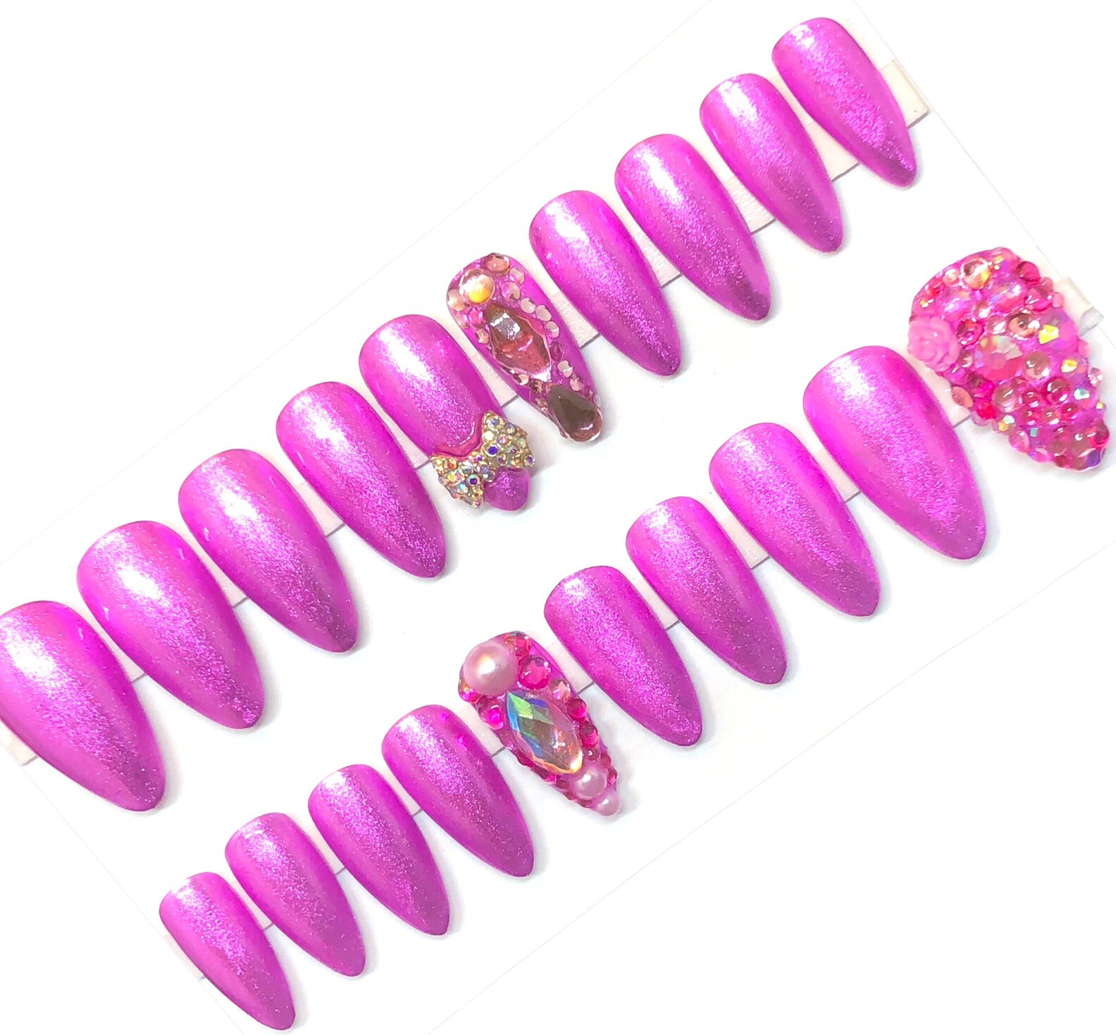 Handmade UV Gel Press On Nails Medium Length Almond Shape Pink Metallic & Bling