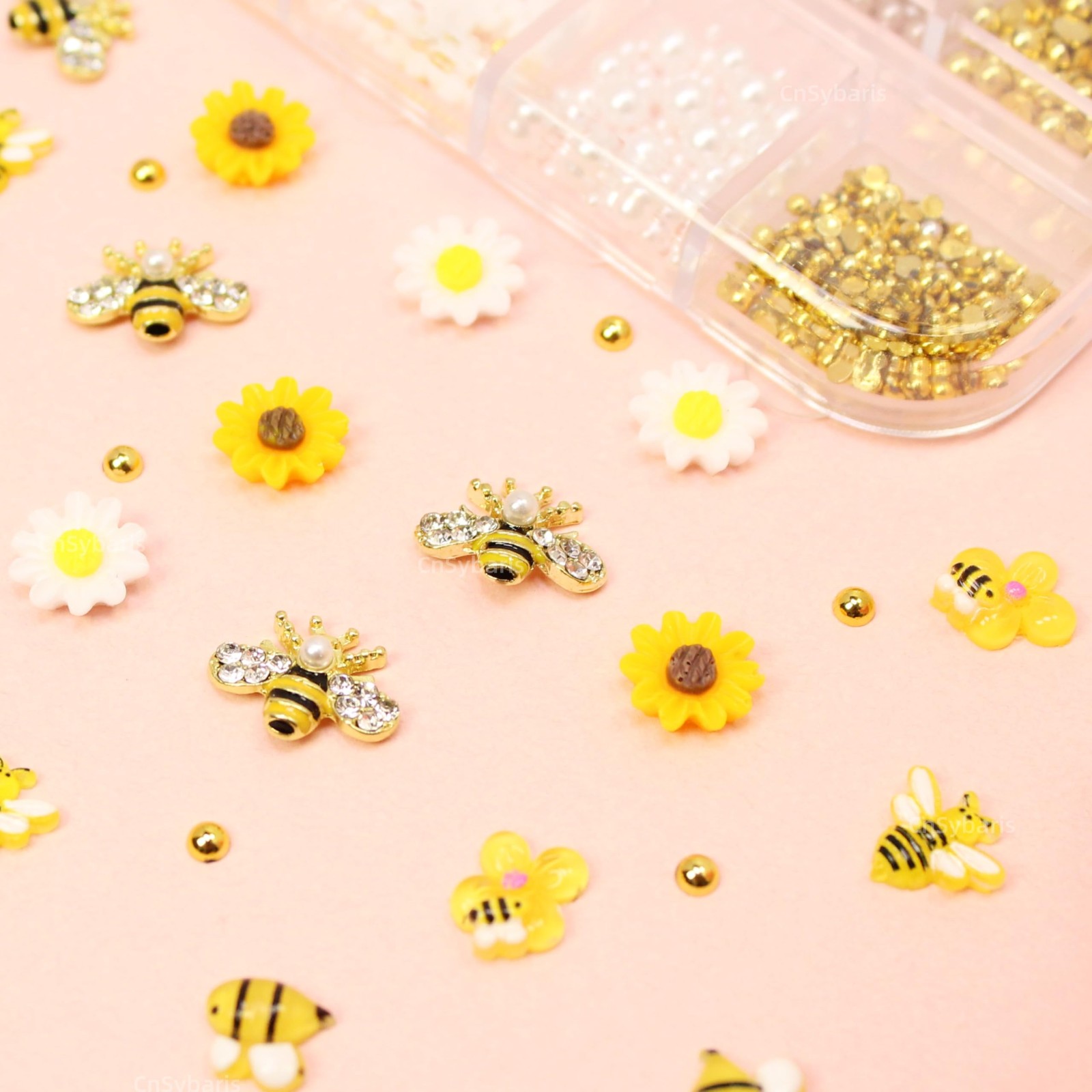 12 Grids Tiny Bee Nail Art Charms Resin Cartoon Daisy Flower Nail Gems 3D Gol…