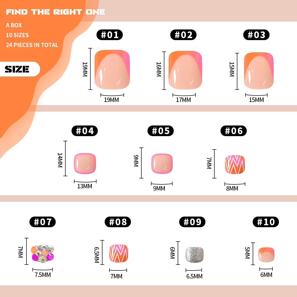 Pink French Tip Press on Toenails Square Short Orange Fake Toe Nails Summer G…