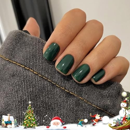 48 Pcs Dark Green Press on Nails Short Square, Acrylic Artificial Nail color a