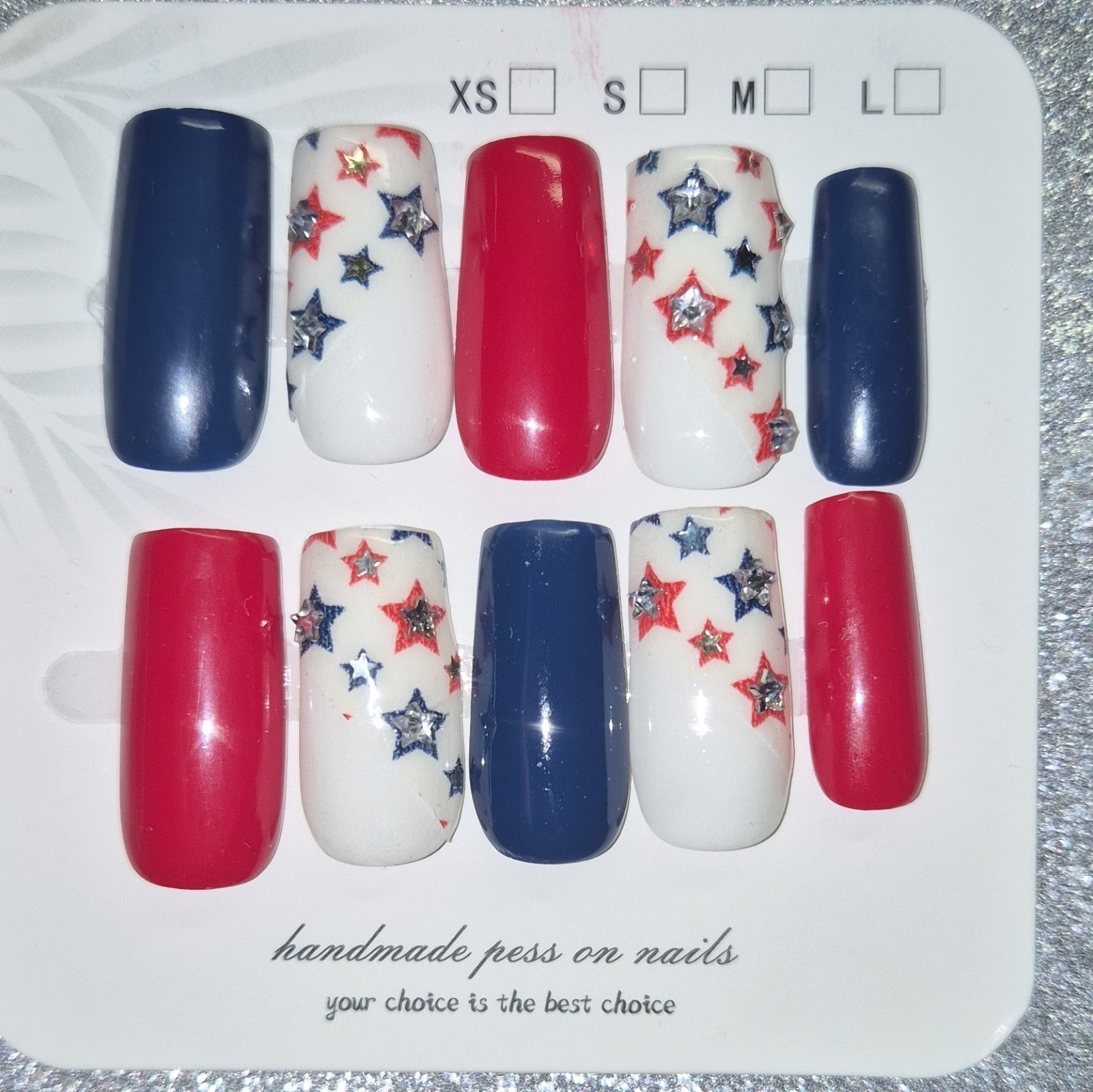 Red White Blue Shiny 3D Star Press-On Nails Set Pre-Designed Full Cover
