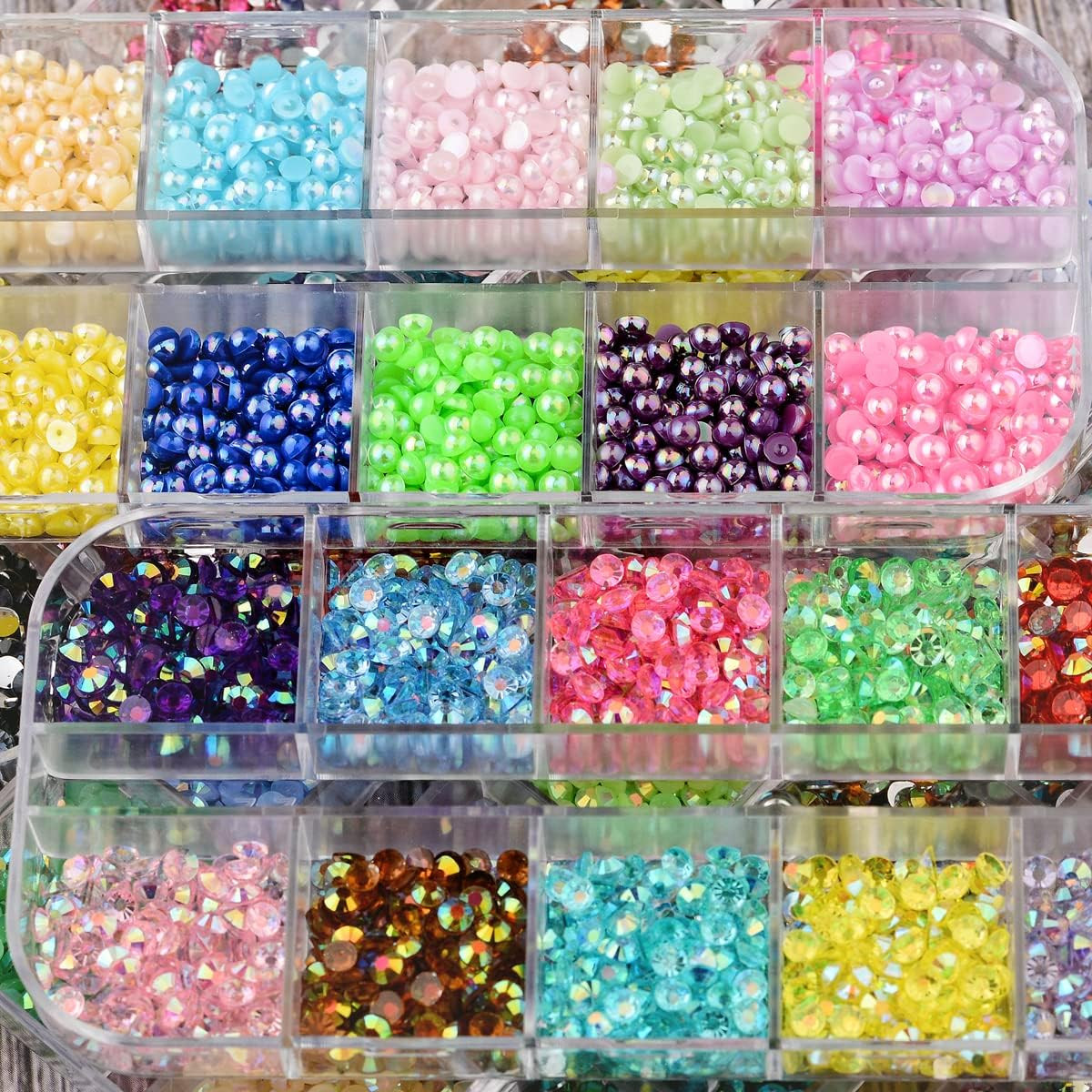 5 Boxes 7200Pcs Sparkling Crystal Nail Rhinestones Pearls Kit, Flatback Multicol
