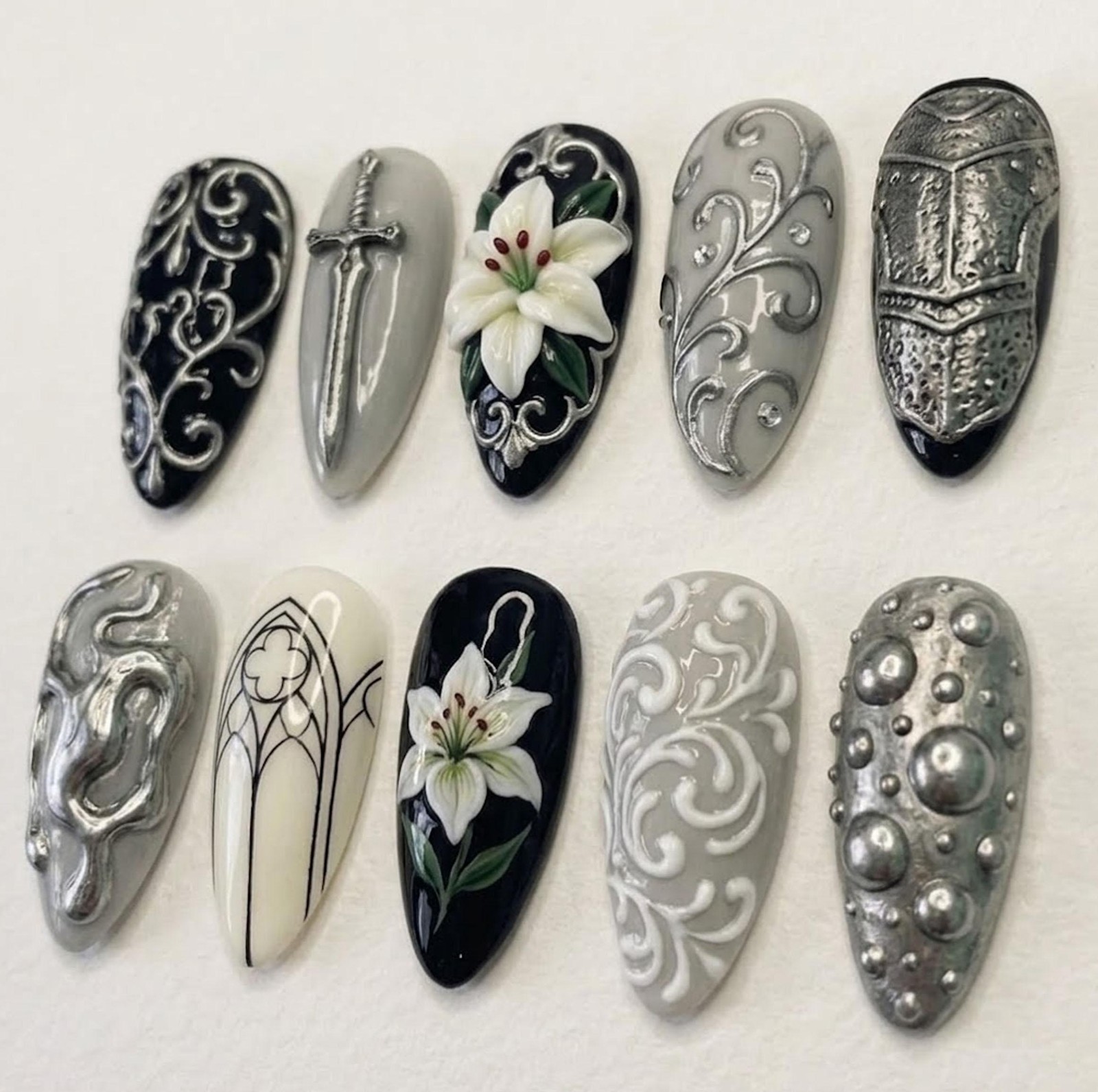 Handmade Medieval Sword Lily Gothic Window Silver Relief Almond Press on Nails