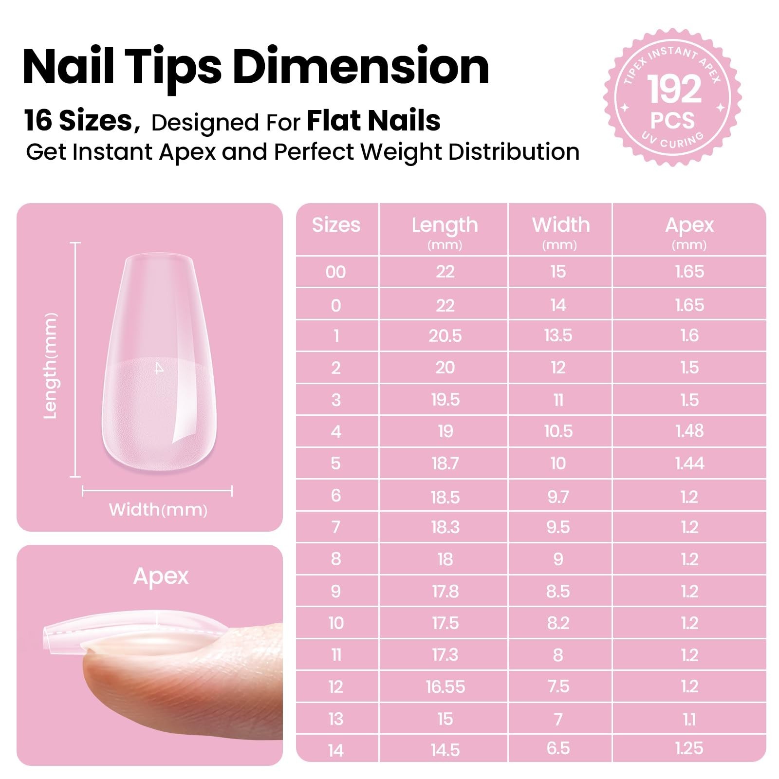 192pcs Short Coffin Nail Tips Kit with Glue, Base & Top Coat, Mini UV Lamp & Too