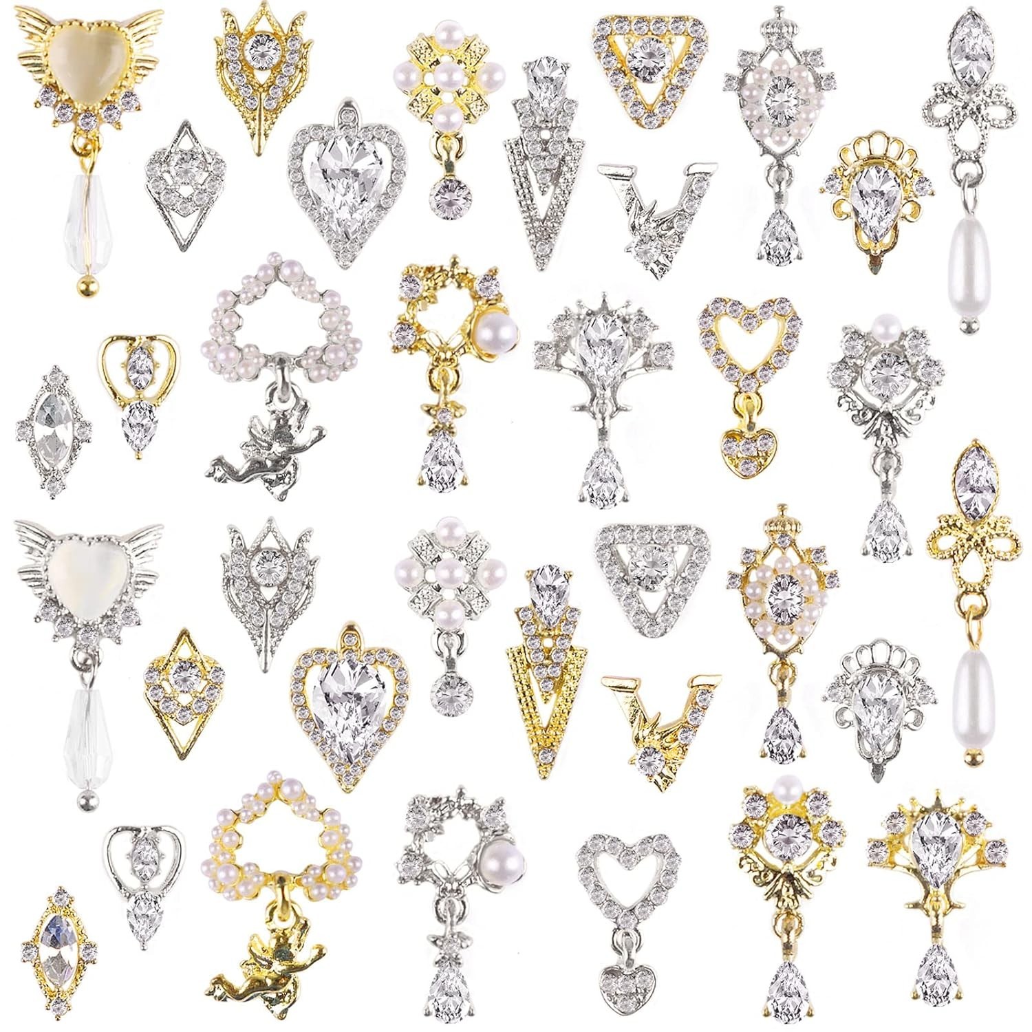 36 Pcs Versatile Nail Charms – Gold & Silver Rhinestones for Every Craft