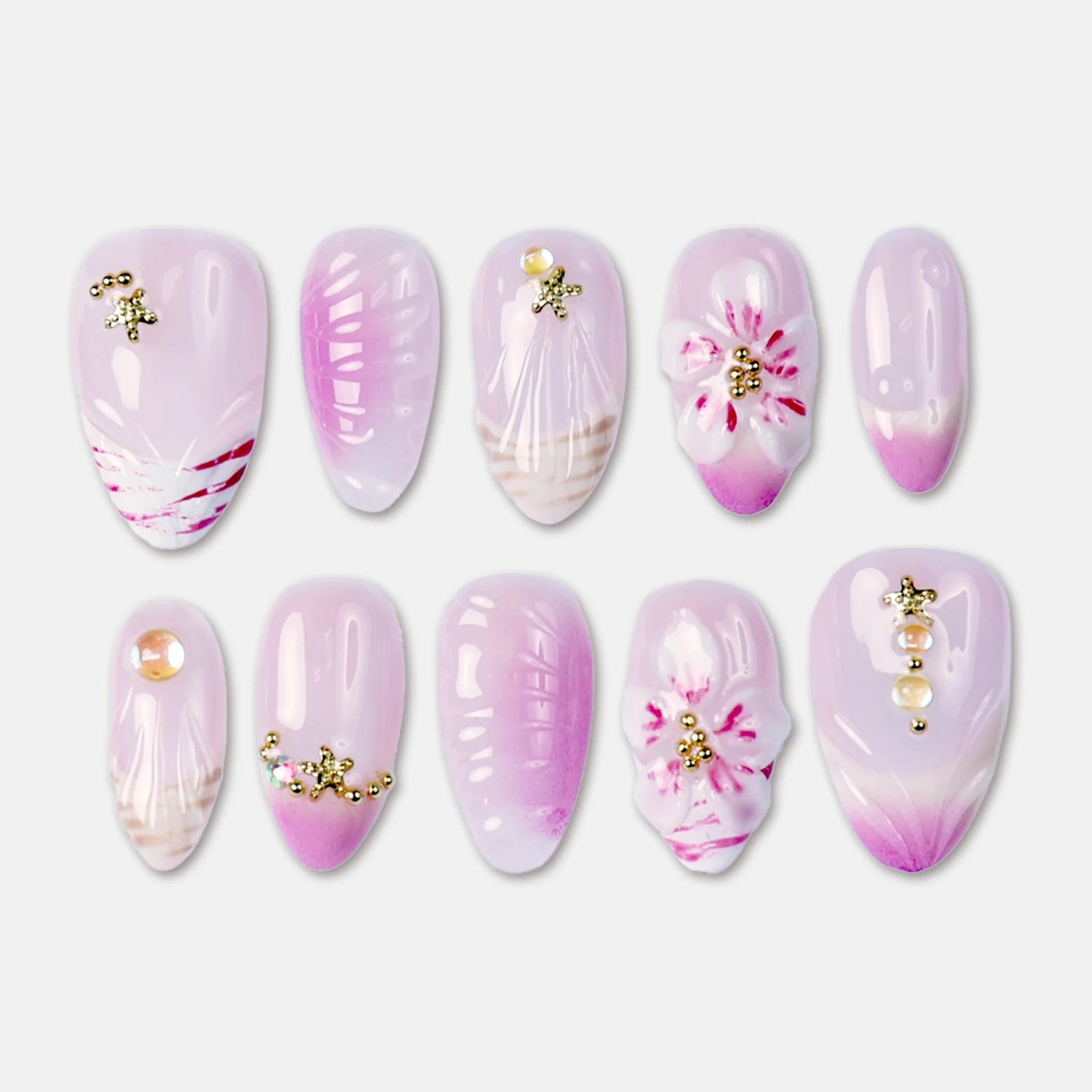 SIYOU Orchid Haze Almond Purple, Gold & White Press-On Nails 10pc