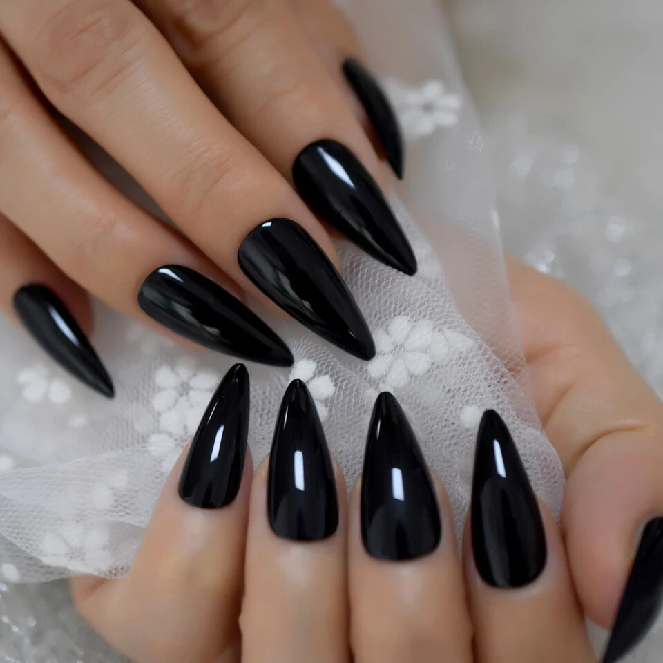 24 Press on nails kit w glue Black stiletto Long edgy goth
