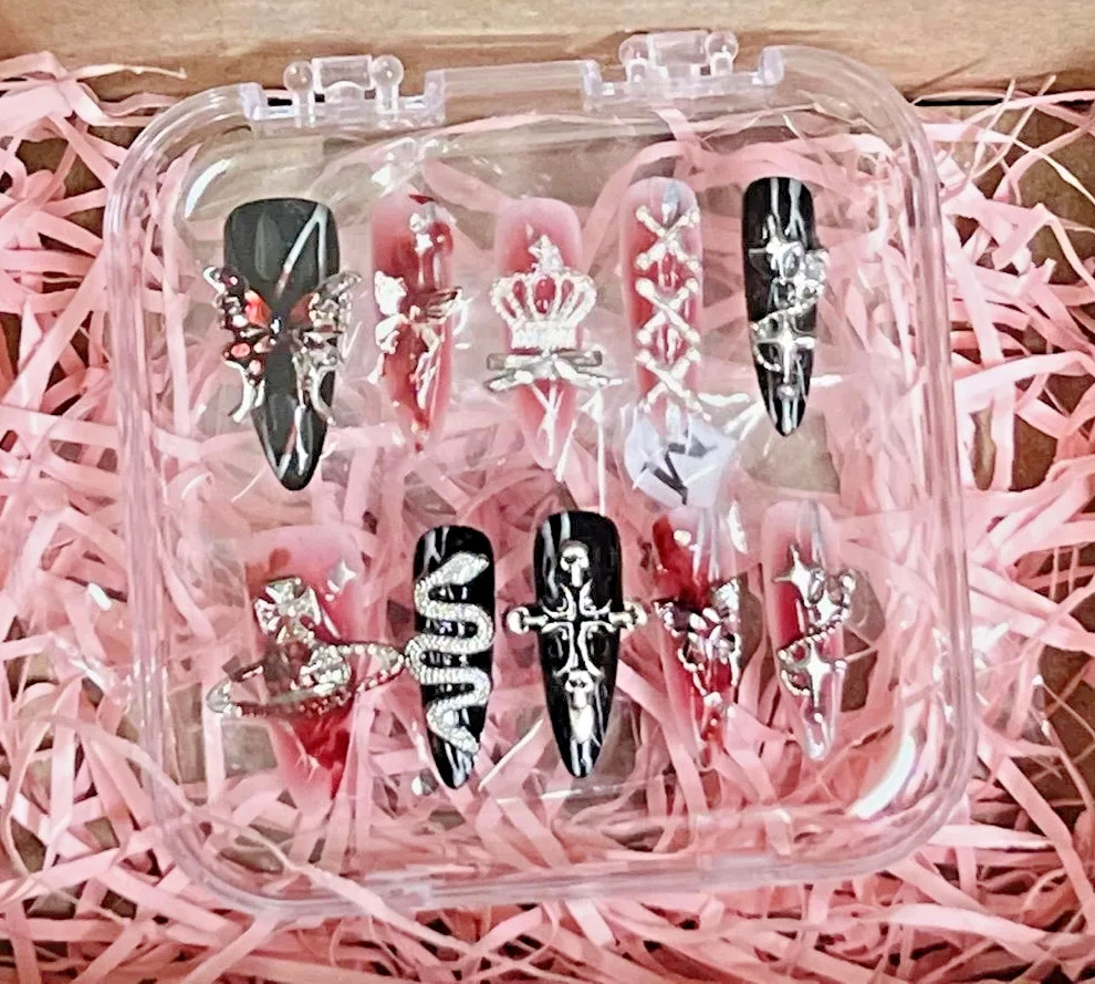 Ready-made artificial nails, gel nails, handmade, durable Pink and black 1 set