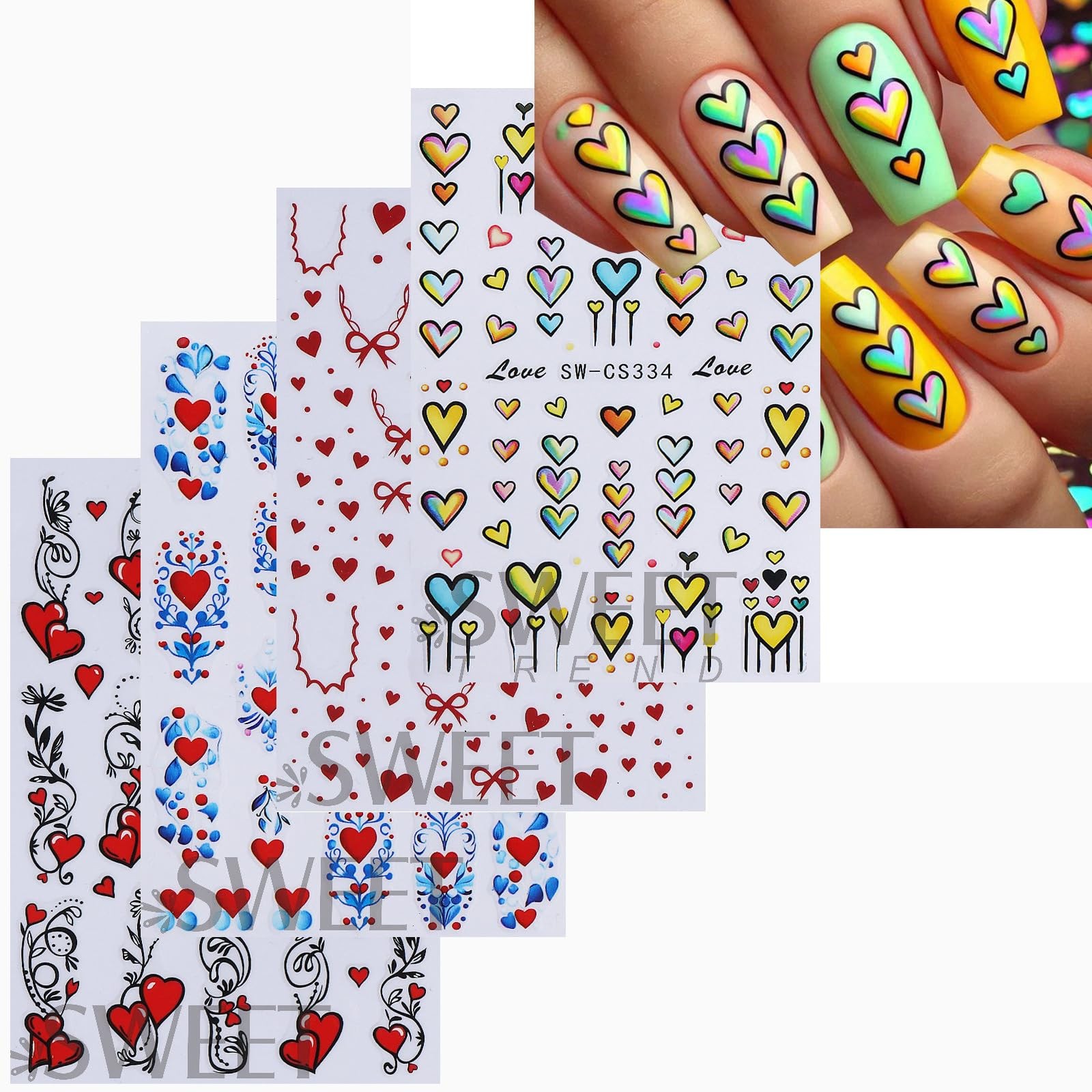 Valentines Day Nail Stickers Red Hearts Nail Decals Cute Yellow Love Nail Des…
