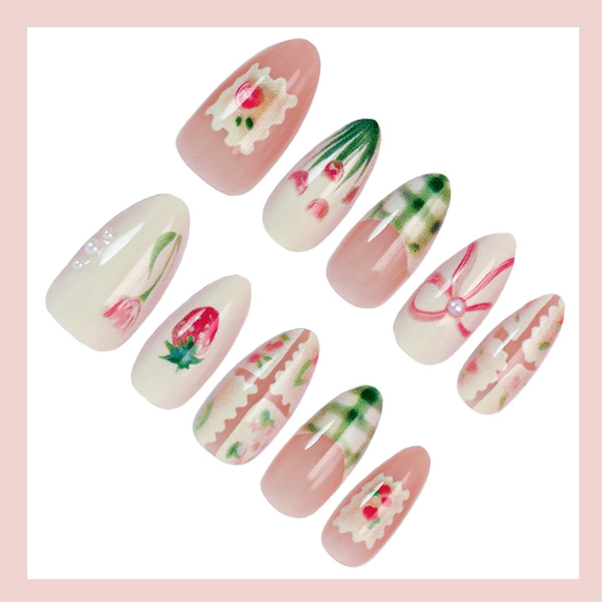 30Pcs Spring Press on Nails Medium Almond Fake Nails with Cute Flower Strawbe…