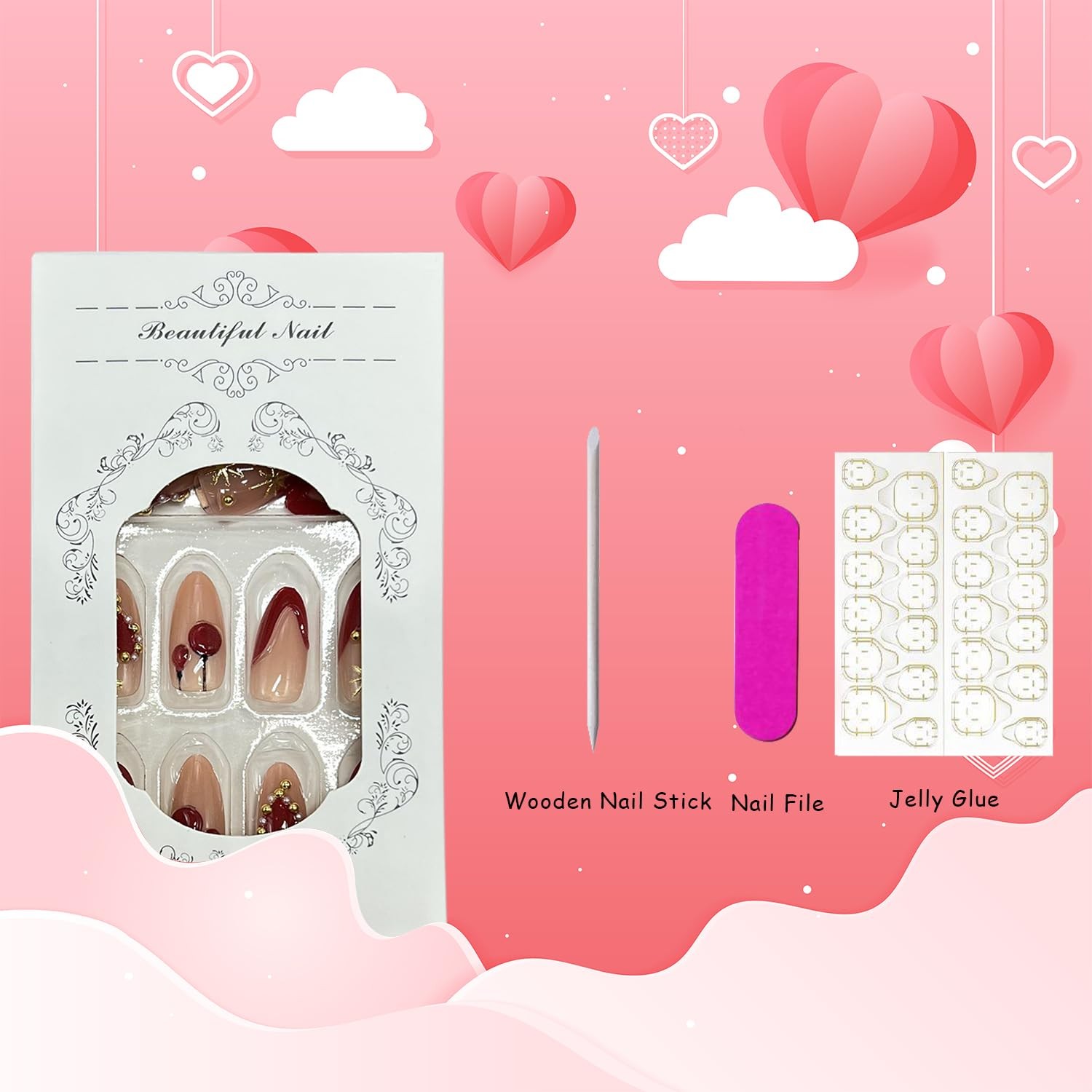 Valentines Press on Nails Medium Almond Fake Nails with 3D Red Heart Balloon …