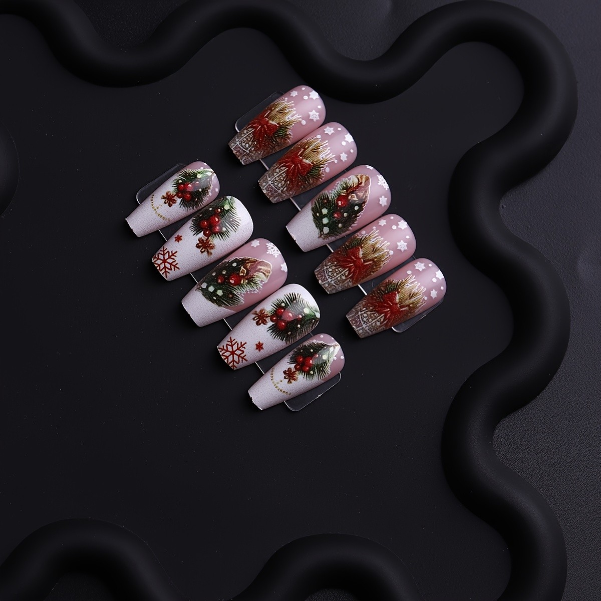 48PCS Christmas Press On Nails Almond Festive Fake Nails for Winter Holiday