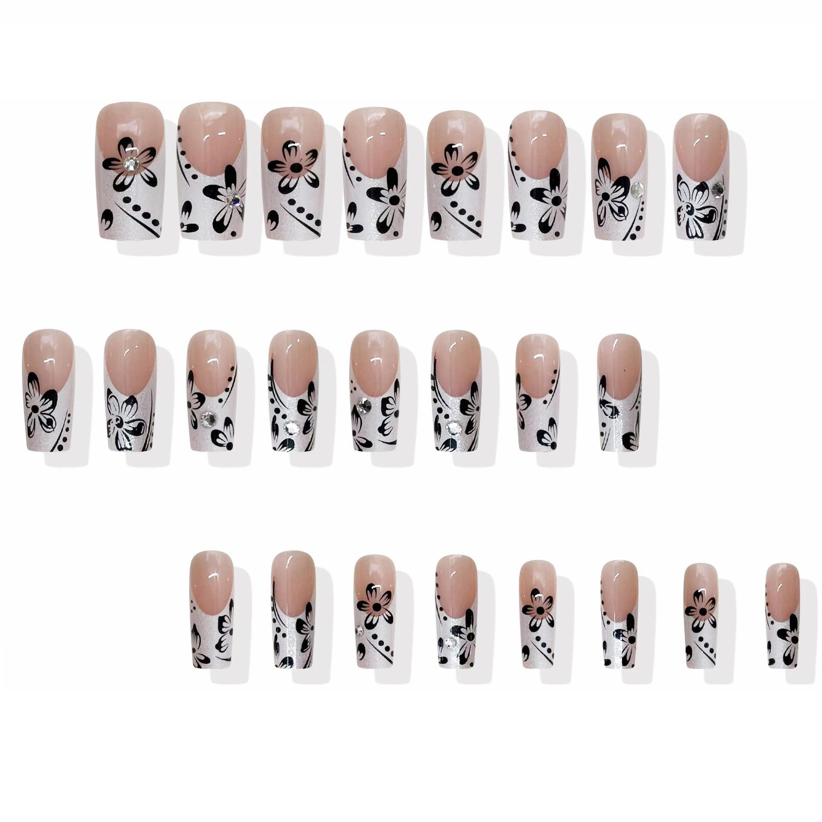 Long Square Press on Nails White Glitter French Tip Fake Nail Flower Print Gl…