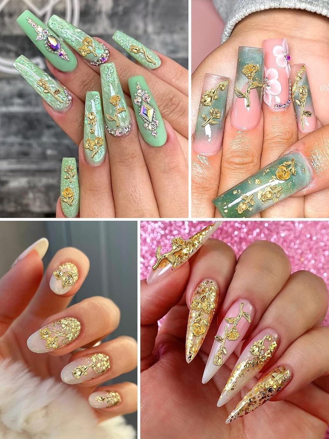 120 PCS Gold Alloy 3D Rose Nail Charms Small Flower Designs DIY Nail Art
