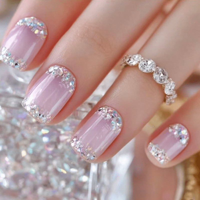 48pcs Soft Pink Nude Glitter French Press on Nails, Clear Diamond Fake Nails