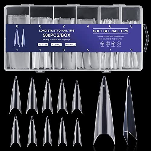 500PCS Stiletto Nail Tips Extra Long Nails Nail Tips 10 Sizes Half Cover Clear