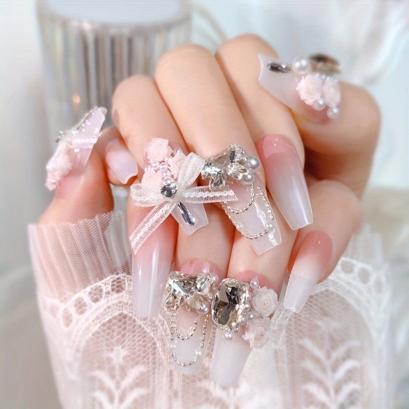 HandmadePinkGradient Flower Lace Bow Ballet NailsWearable For Daily Party
