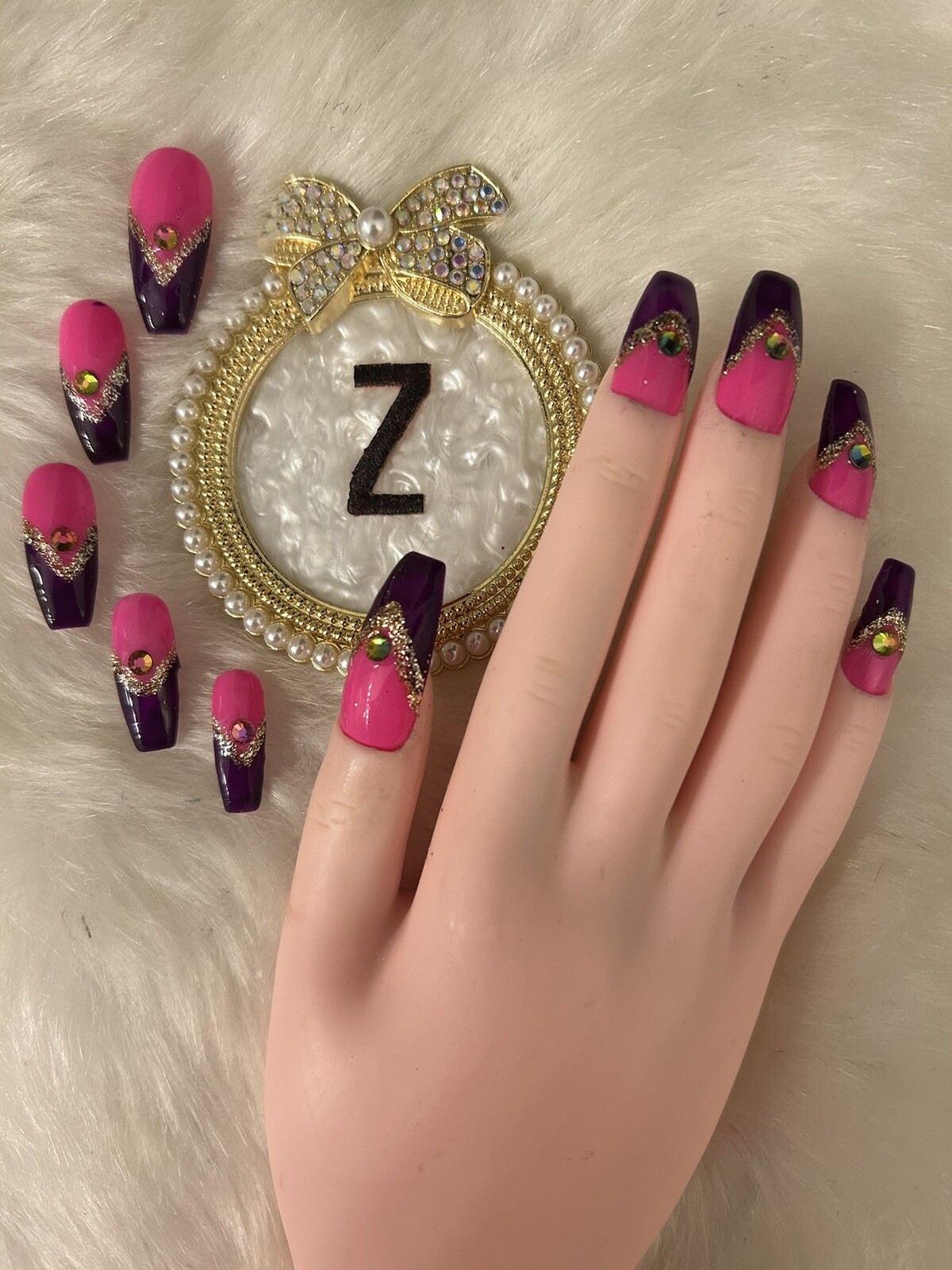 Z NAILZ! Gorgeous Set of Handmade Long Coffin Pink/Purple Press On Nails