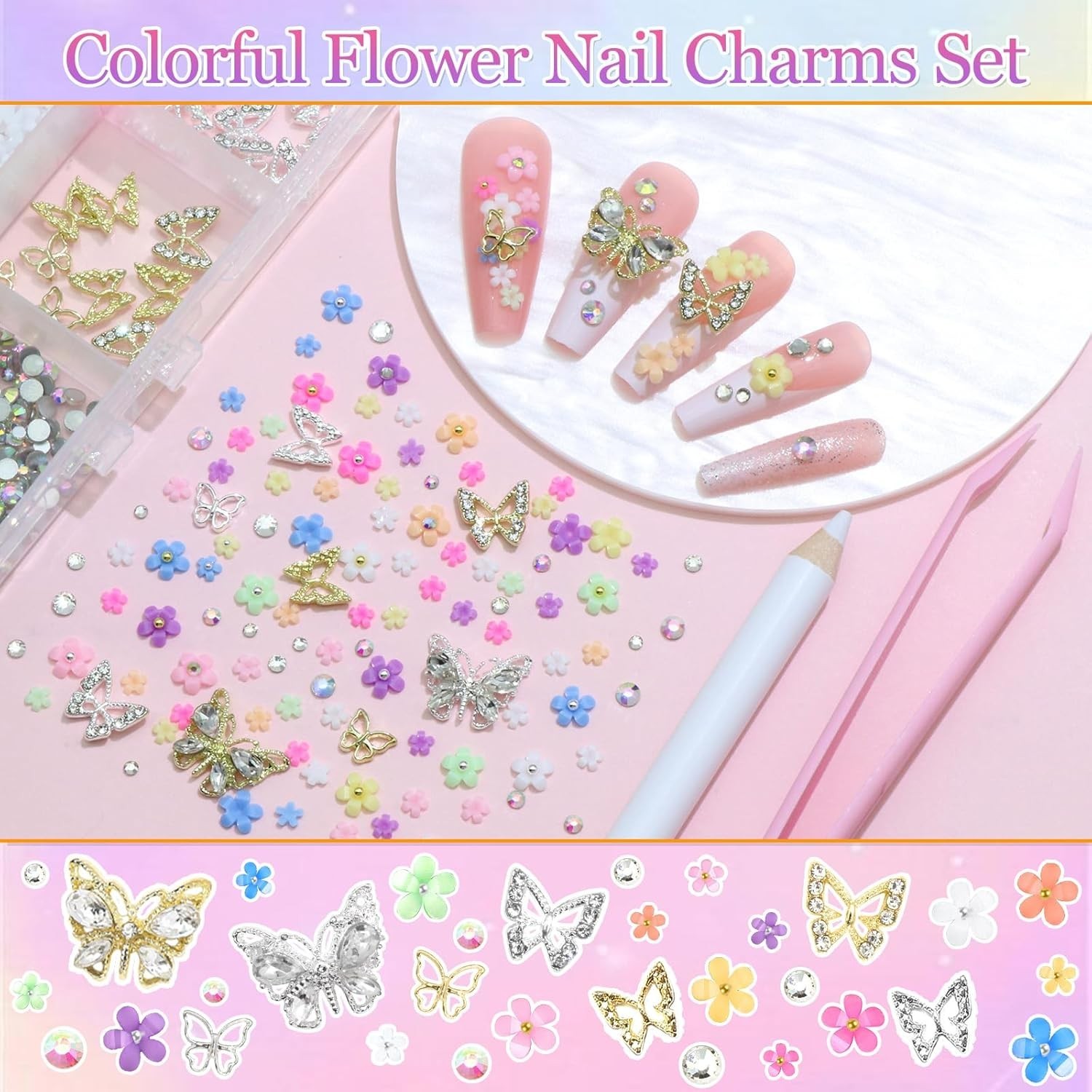 Flower Nail Charms Colorful 3D Flowers for Nails Metal Butterfly Nail Art Charms