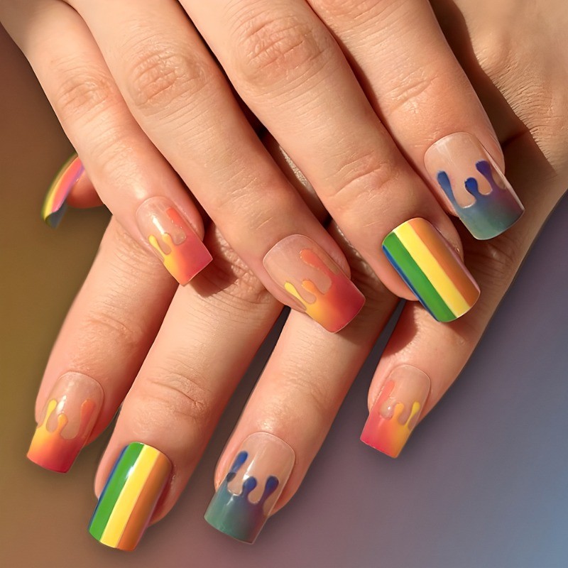 48pcs-Rainbow Drip Press on Nails, Short Square Gradient Pride Fake Nails