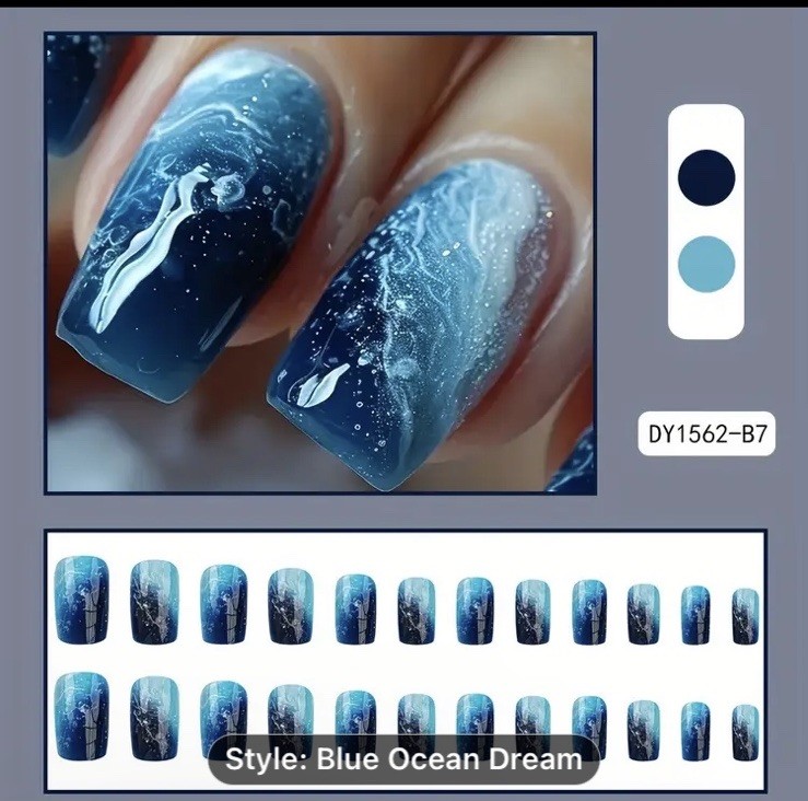 Glossy Blue Ocean Waves Nail Tips 24pcs Finished Boxed With Glue & Tabs Nails