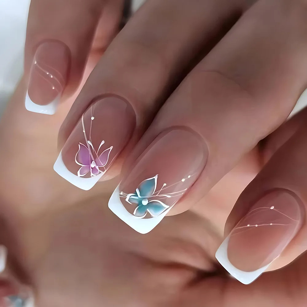 24pcs Set Short Square French Press On Nails Flower Butterfly Design Fake Nails