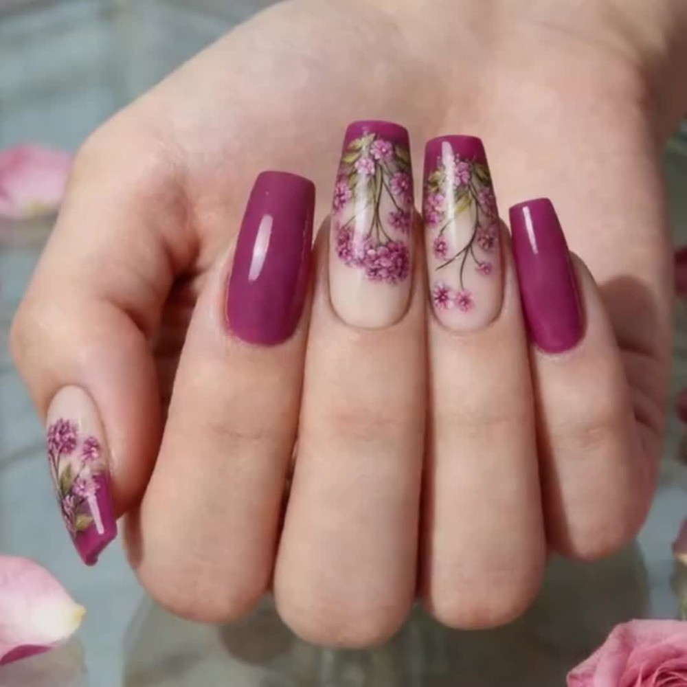 Floral Glossy, Long, Ballet-style, 24pcs Nail Tips, Detachable, Press-on Nails